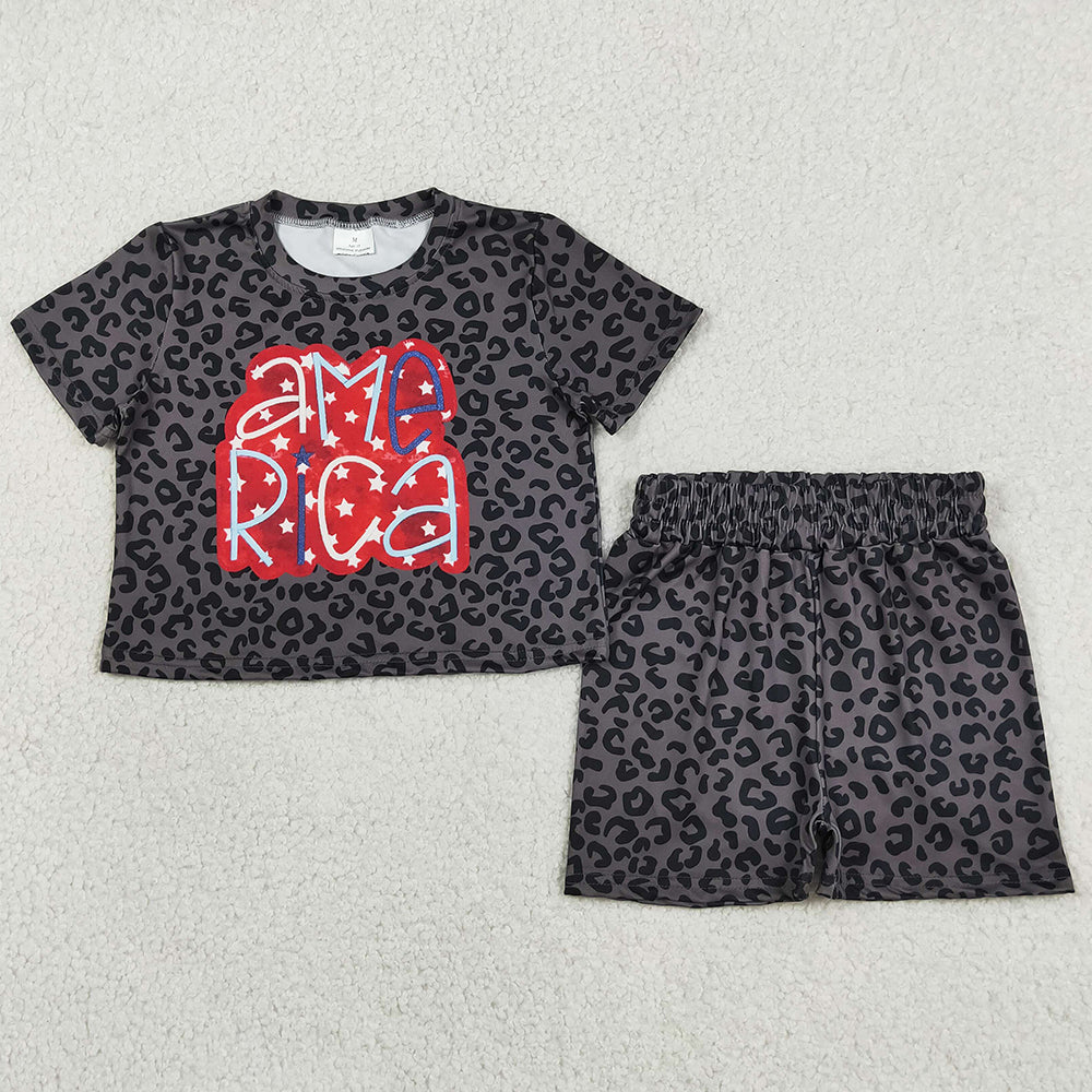 Baby Girls Clothes Black Leopard American Stars Top Short 4th Of July Slouchy Set GSSO2576