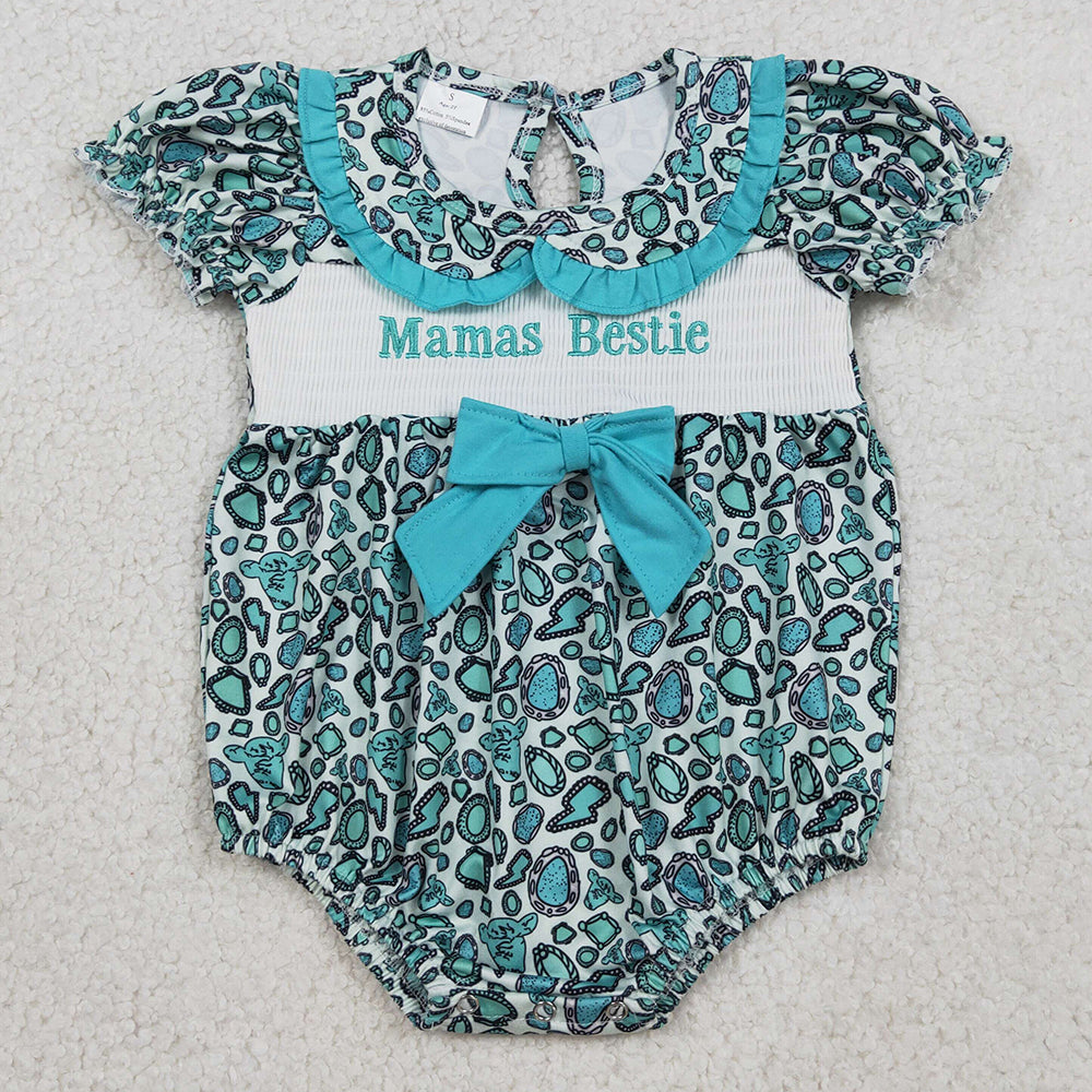 Baby Girls Rompers Smocked Mama's Bestie Turquoises Collar Western Ruffle Rompers SR3863