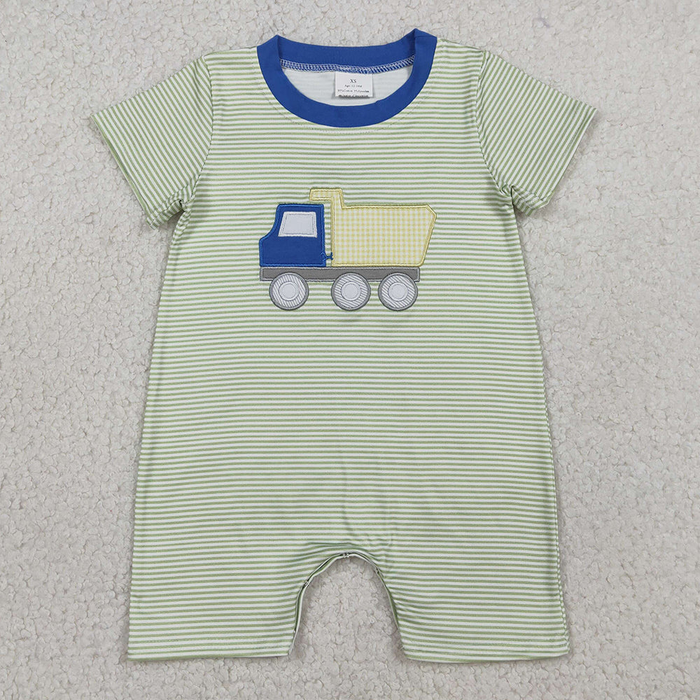 Baby Boys Rompers Embroidery Tractors Short Sleeve Green Stripe Rompers SR3893