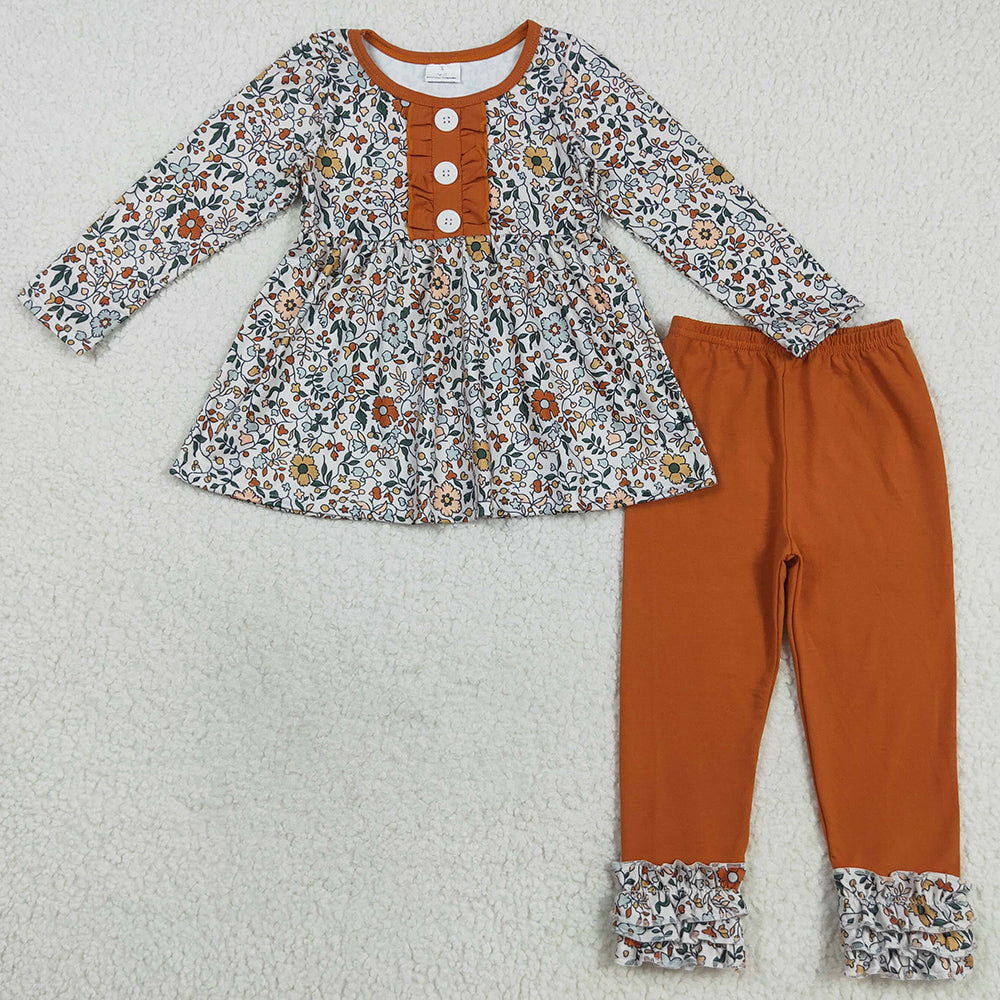 Baby Girls Clothes Fall Orange Floral Button Tunic Icing Legging Outfits Sets GLP2404 8.9