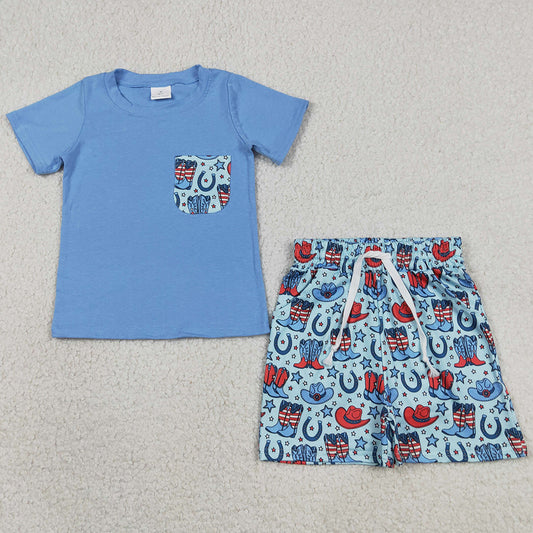 Baby Boys Clothes Pocket Shirts Stars Hats Boots Short 4th of July Western Clothes Sets BSSO1829