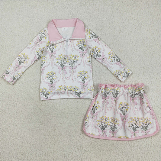 Baby Girls Clothes Pink Bows Flowers Plaid Half Zip Pullpvers Skorts Set GLD1078 8.13