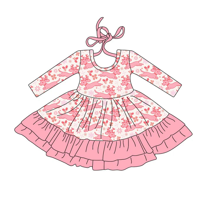 Preorder (moq 5)Baby Girls Long Sleeves Pink Christmas Deer Holly Ruffle Knee Length Dress 7.26