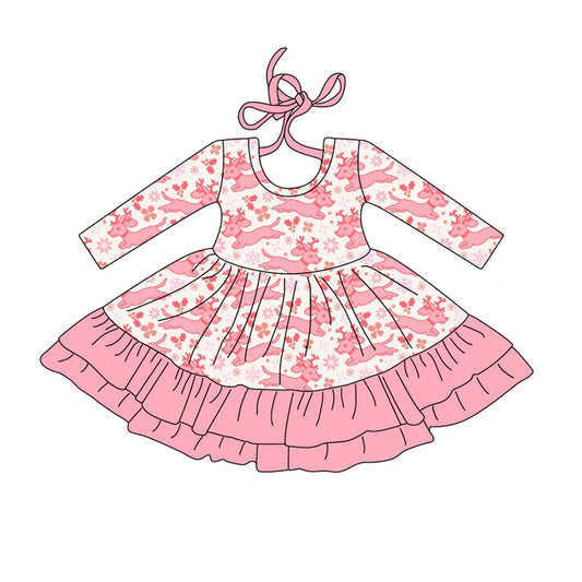 Preorder (moq 5)Baby Girls Long Sleeves Pink Christmas Deer Holly Ruffle Knee Length Dress 7.26