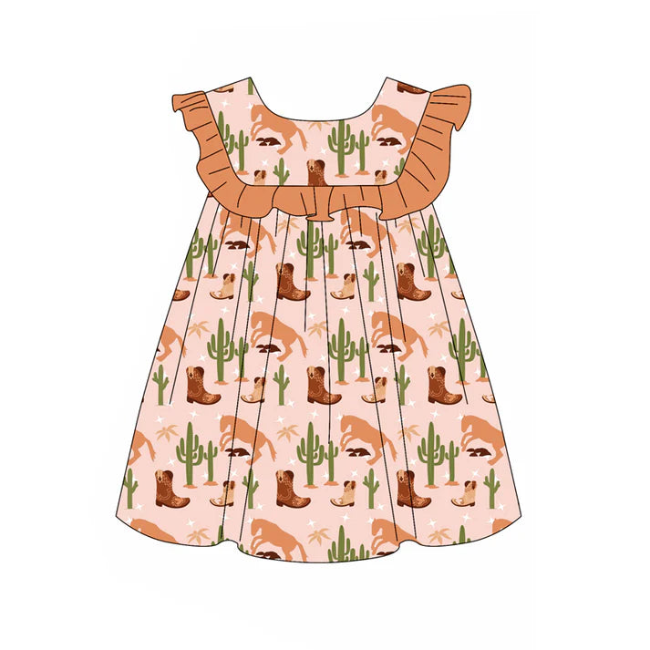 Preorder (moq 5)Baby Girls Pink Ruffle Sleeveless Cactus Boots Knee Length Dress 4.26