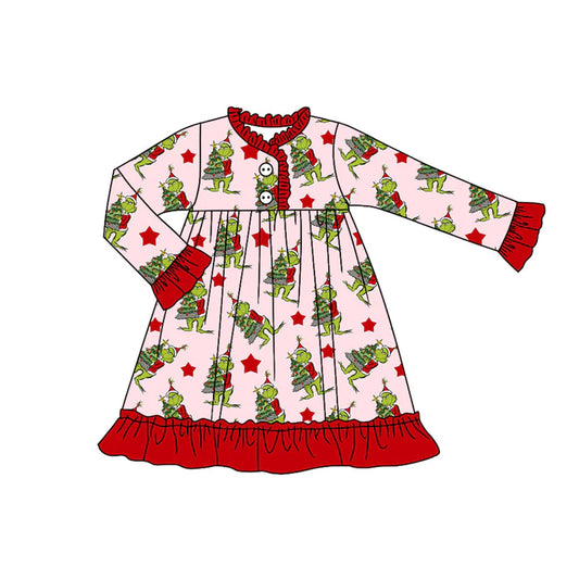 Preorder(moq 5) Baby Girls Long Ruffle Sleeves Christmas Trees Green Faces Button Knee Length Dresses 7.24