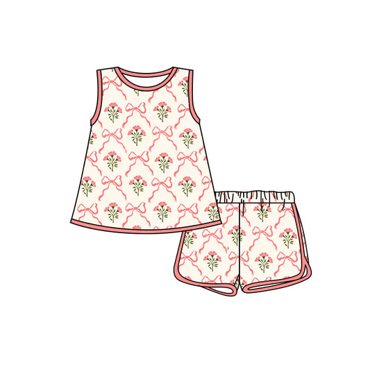 Preorder moq 5 Baby Girls Sleeveless Pink Bows Flowers Tunic Short Set 4.17