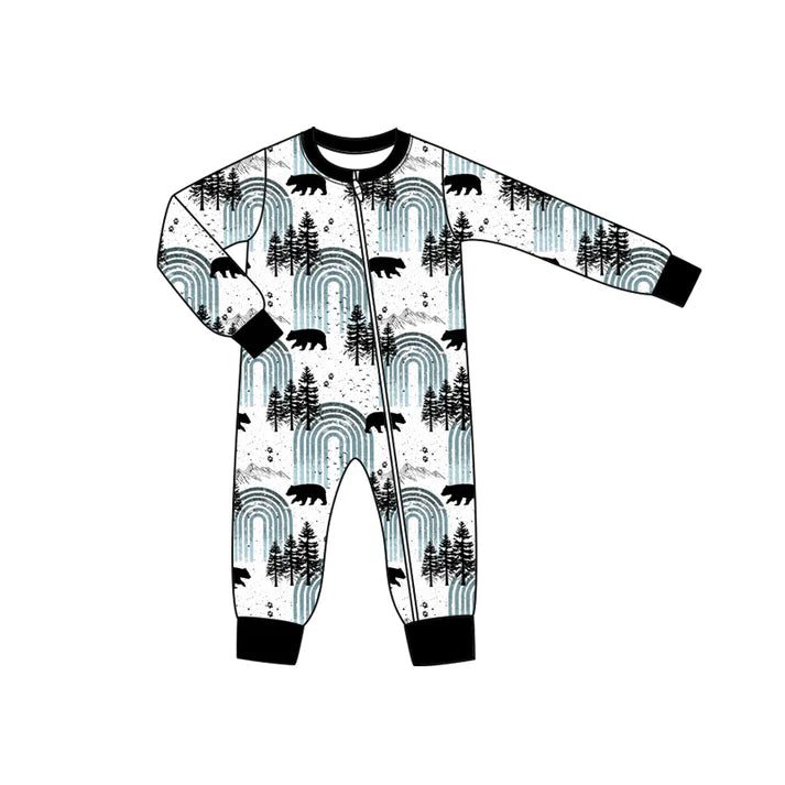 Preorder moq 5 Baby Infant Boys Long Sleeves Black Bears Trees Plaid Zipper Romper 7.15
