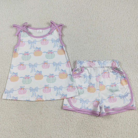 Baby Girls Clothes Bows Sleeveless Pumpkins Stripe Tunic Pockets Shorts Sets GSSO2668 7.18