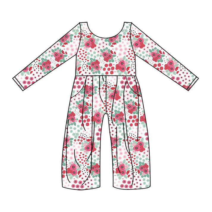Preorder (moq 8)Baby Girls Long Sleeve Hearts Flowers Pockets Jumpsuits 9.12