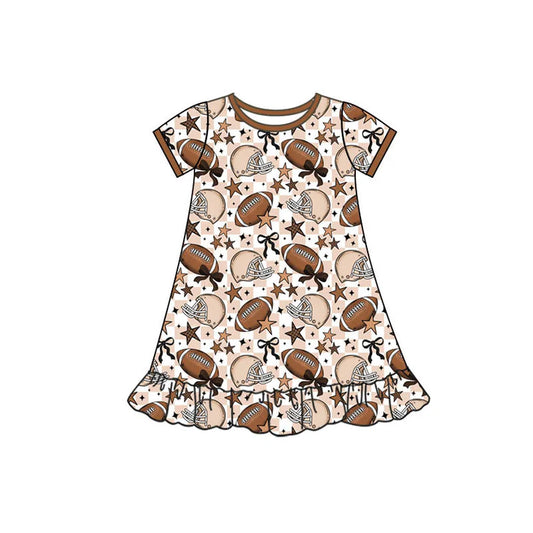 Preorder(moq 5) Baby Girls Short Sleeve Khaki Checked Stars Footballs Team Ruffle Knee Length Dresses 10.4