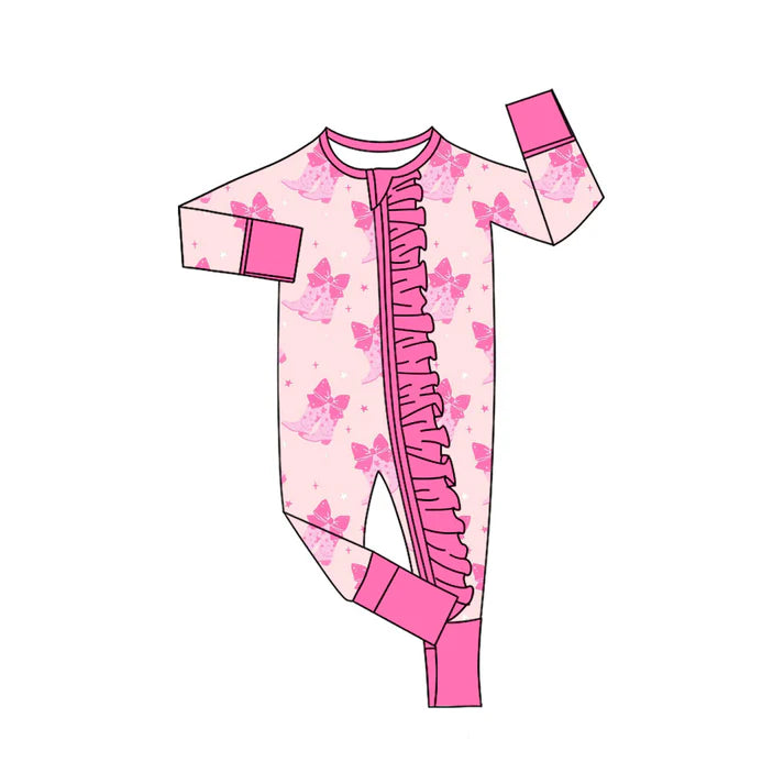 Preorder (moq 8)Baby Girls Pink Bows Boots Ruffle Zipper Footie Rompers 9.22