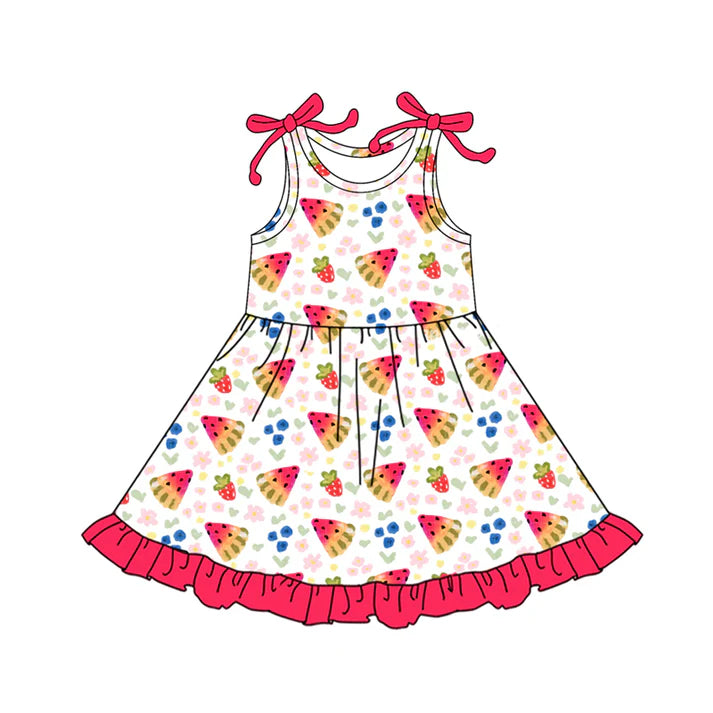 Preorder (moq 5)Baby Girls Bows Strap Watermelon Flowers Ruffle Knee Length Dresses 6.2