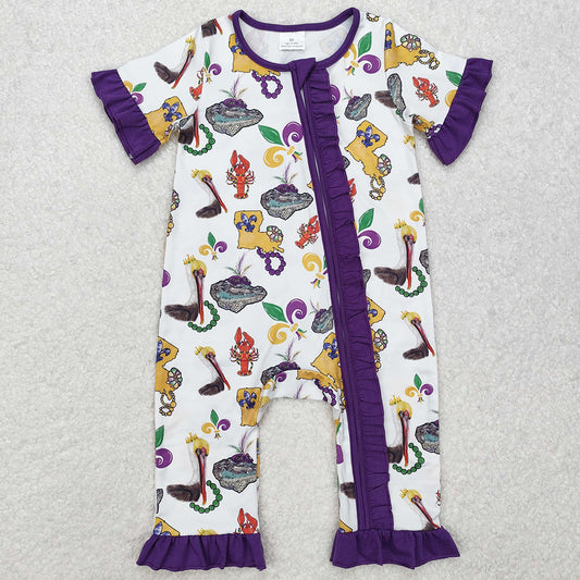 Baby Infant Girls Rompers Mardi Gras Bird Crawfish Ruffle Zip Rompers SR2422