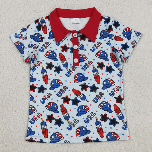 Baby Boys Clothes Short Sleeve USA Popsicle 4th of July Button Polo Shirts Top BT1767