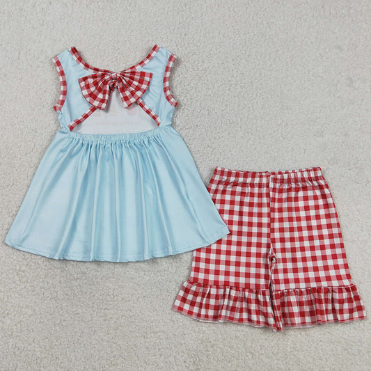 Baby Girls Clothes Sleeveless Park Tunic Red Checked Ruffle Short Clothes Set GSSO2544