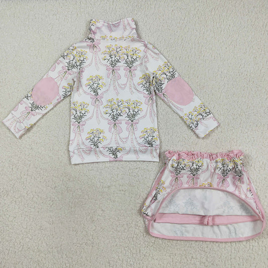 Baby Girls Clothes Pink Bows Flowers Plaid Half Zip Pullpvers Skorts Set GLD1078 8.13