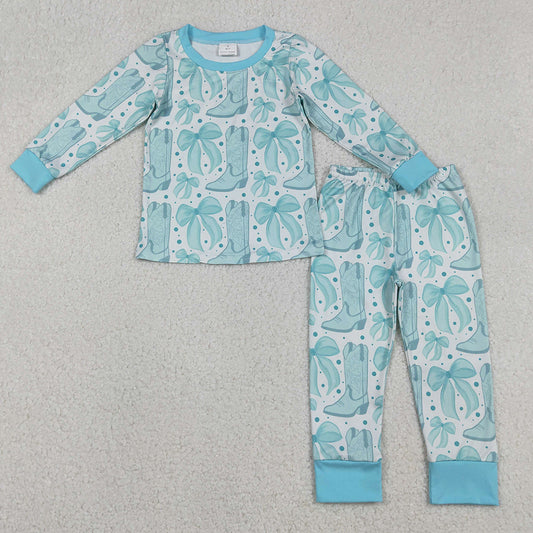 Baby Girls Pajamas Light Blue Bows Boots Top Pant Western Pajamas Set GLP2732 12.8