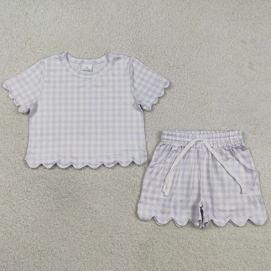Baby Girls Clothes Lavender Checked Shirts Top Scallop Shorts Clothes Sets GSSO3181