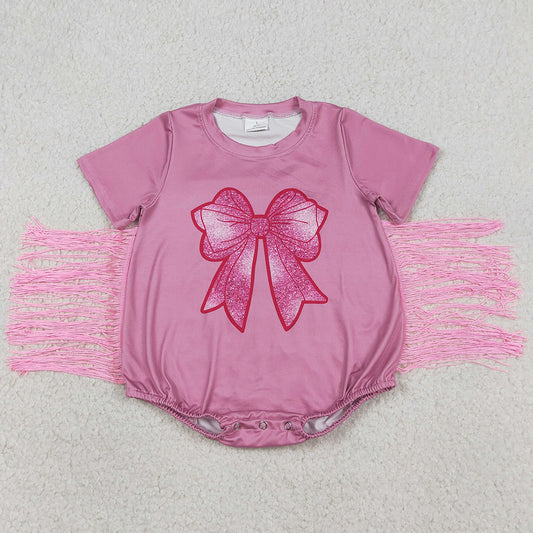 Baby Girls Rompers Pink Short Sleeves Bow Print Tassel Ruffle Rompers SR3187