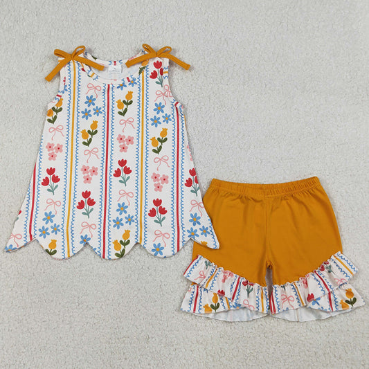 Baby Girls Clothes Bows Flowers Stripe Scallop Tunic Ruffle Shorts Clothes Set GSSO3388