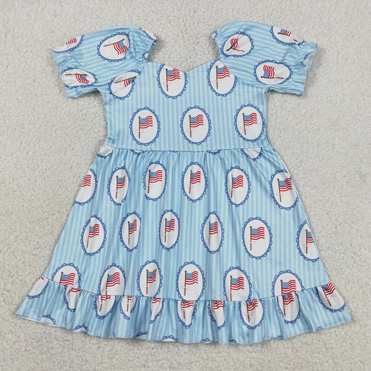 Baby Girls Dress Blue Stripe Bow Flags 4th of July Ruffle Knee Length Dresses GSD3792