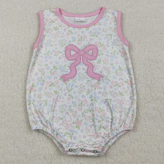 Baby Girls Rompers Embroidery Pink Bow Sleeveless Flowers Ruffle Rompers SR3727