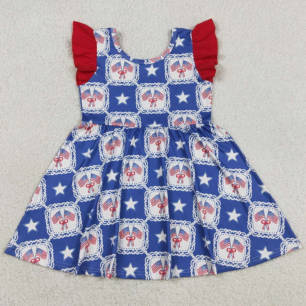 Baby Girls Dress Flutter Sleeve Stars Flags Checked 4th of July Knee Length Dresses GSD3514