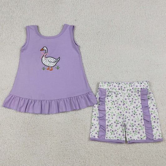 Baby Girls Clothes Embroidery Floral Goose Lavender Tunic Ruffle Shorts Clothes Sets GSSO2774