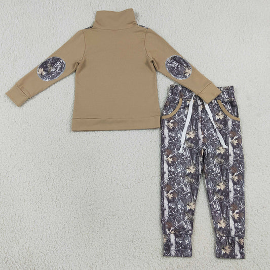Baby Boys Clothes Khaki Zip Pullover Leaves Camo Pockets Jogger Clothes Sets BLP1446