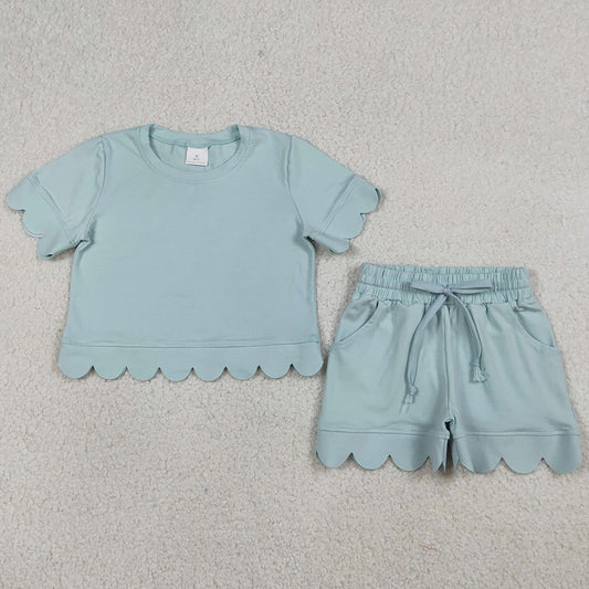 Baby Girls Clothes Short Sleeve Light Blue Shirts Top Shorts Scallop Clothes Sets GSSO3174