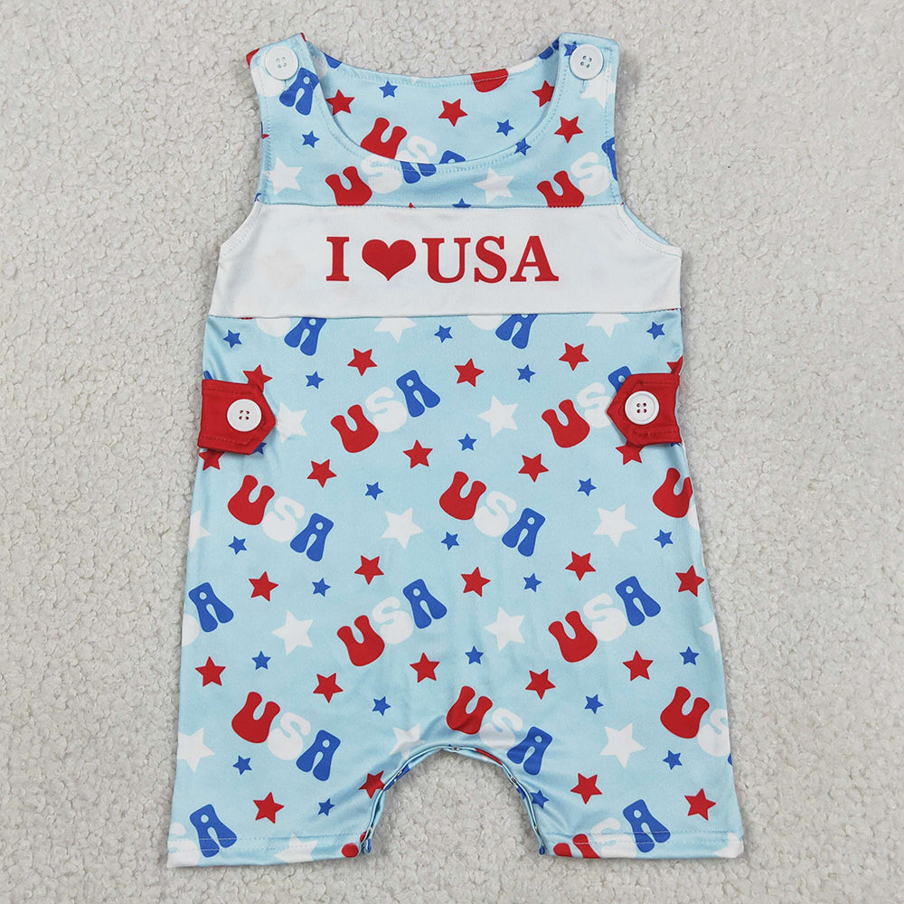 Baby Girls Rompers Sleeveless I Love USA Stars 4th of July Ruffle Rompers SR4154
