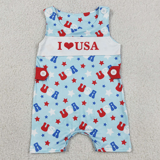 Baby Girls Rompers Sleeveless I Love USA Stars 4th of July Ruffle Rompers SR4154