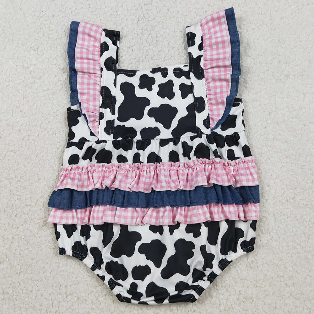 Baby Girls Rompers Flutter Sleeve Western Cow Print Ruffle Rompers SR3898
