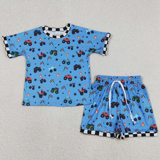 Baby Boys Clothes Blue Motors Cars Flags Top Shorts 4th of July Clothes Sets BSSO1641