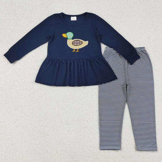 Baby Girls Clothes Navy Fall Mallard Ducks Embroidery Tunic Legging Pants Sets GLP2595 9.5