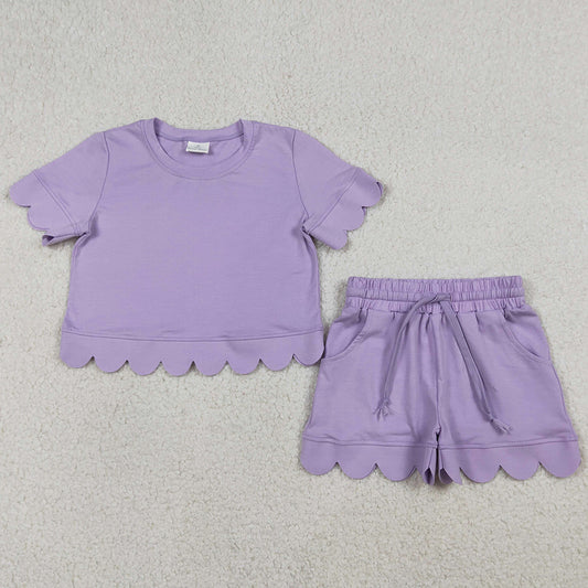 Baby Girls Clothes Short Sleeve Lavender Shirt Pockets Shorts Scallop Clothes Sets GSSO3171
