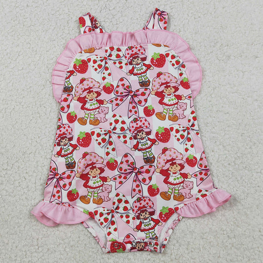Baby Girls Rompers Strawberry Girls Strap Flowers Back Bow Ruffle Rompers SR3885