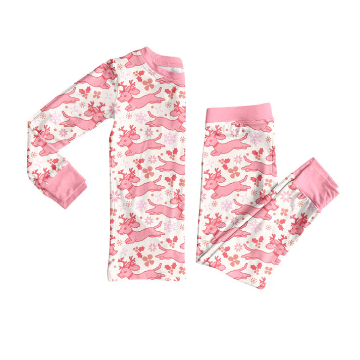 Preorder (moq 5)Baby Girls Long Sleeves Pink Christmas Deer Holly Top Pants Pajamas Set 7.26