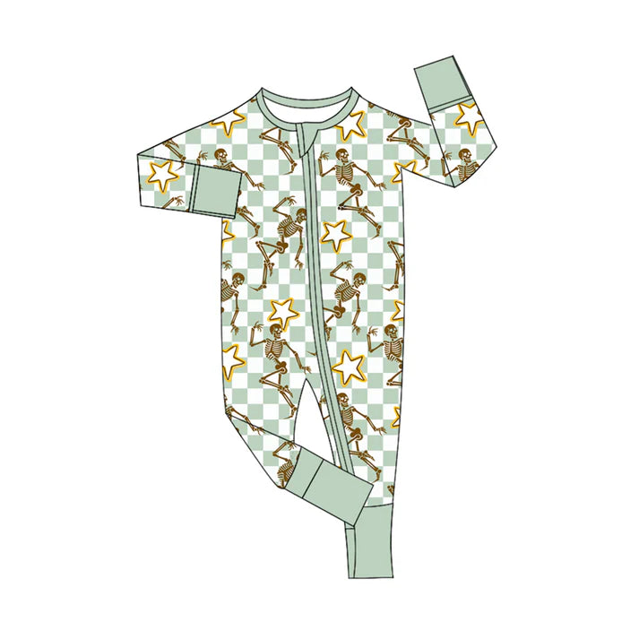 Preorder(moq 5)Baby Infant Boys Long Sleeves Aqua Plaid Skull Stars Halloween Zipper Rompers 7.30
