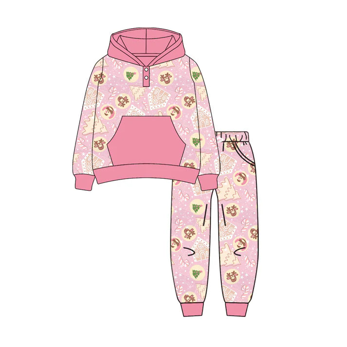 Preorder (moq 5)Baby Girls Long Sleeves Deer Trees Plaid Pocket Button Hoodies Legging Pant Sets 6.11