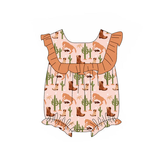 Preorder (moq 5)Baby Girls Pink Ruffle Sleeves Cactus Boots Ruffle Rompers 5.13