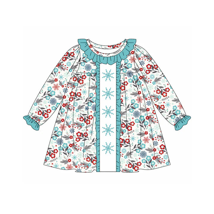 Preorder (moq 5)Baby Girls Long Ruffle Sleeves Blue Red Snowflake Flowers Knee Length Dresses 5.20
