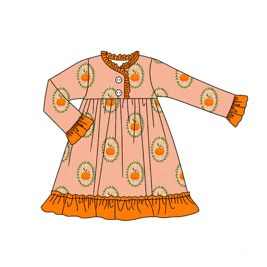 Preorder (moq 5)Baby Girls Long Ruffle Sleeves Pumpkins Plaid Button Knee Length Dresses 7.1