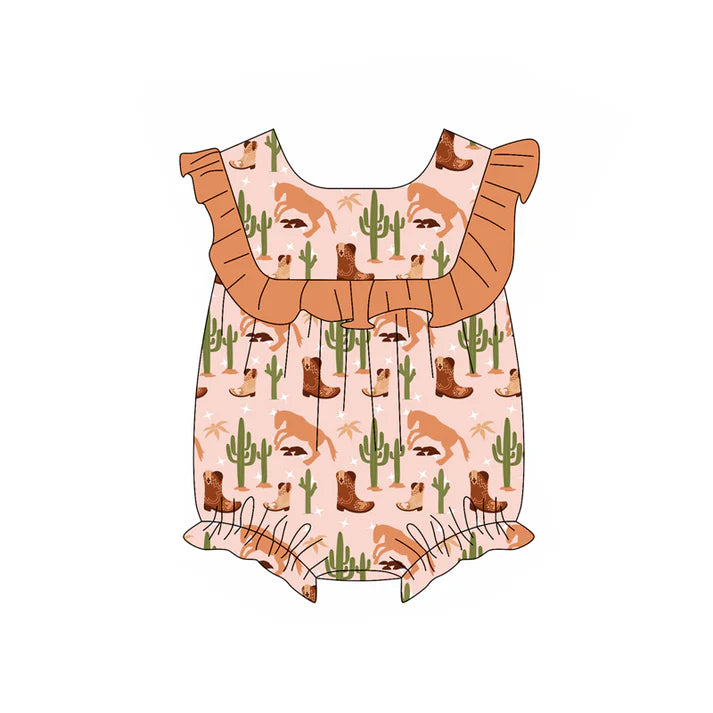 Preorder (moq 5)Baby Girls Pink Ruffle Sleeves Cactus Boots Ruffle Rompers 4.26