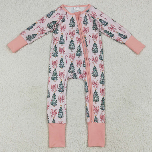 Baby Girls Rompers Christmas Tree Pink Bows Zipper Footie Rompers LR2283 7.9