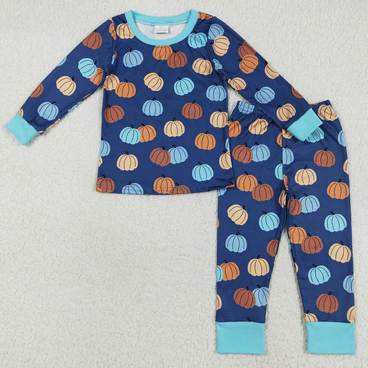 Baby Boys Pajamas Halloween Long Sleeves Fall Blue Pumpkins Top Pant Pajamas Sets BLP1153 7.18