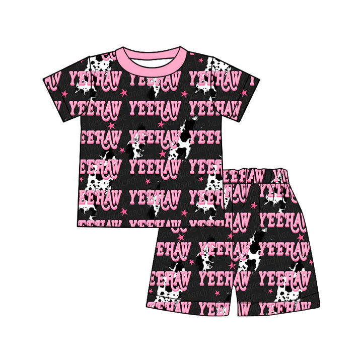 Preorder (moq 8)Baby Girls Cow Print Lights Yeehaw Top Shorts Western Pajamas Sets 9.19