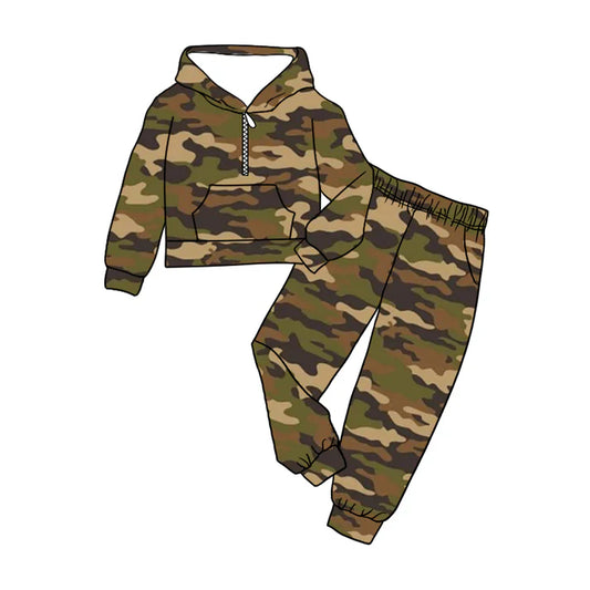 Preorder (moq 5)Baby Boys Green Camouflage Zipper Pullovers Pockets Jogging Sets 8.29