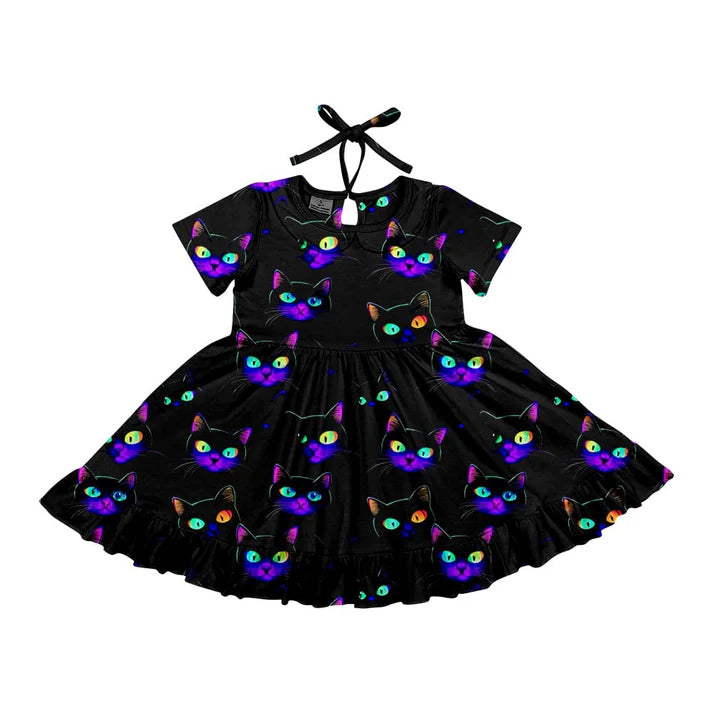 Preorder (moq 5)Baby Girls Halloween Cats Twirl Knee Length Dresses 6.14